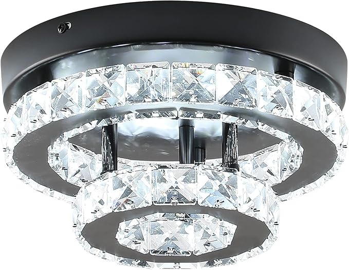 Modern Crystal Chandelier Black Flush Mount Ceiling Light Surface Mount Led Ceiling Light Mini Bedroom Ceiling Lights Indoor 9.8" Diameter Mini Crystal Chandeliers Black 6000K