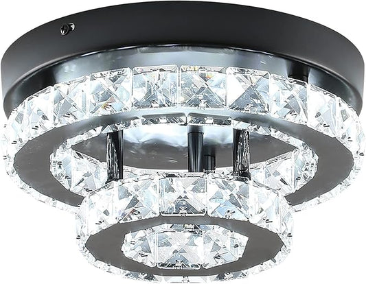 Modern Crystal Chandelier Black Flush Mount Ceiling Light Surface Mount Led Ceiling Light Mini Bedroom Ceiling Lights Indoor 9.8" Diameter Mini Crystal Chandeliers Black 6000K