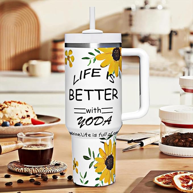 30oz Sunflowers Coffee Tumbler with Handle, Stainless Steel Double Wall Vacuun Insulated with Straw and Leak Proof Lid Travel Coffee Mug Cup, Birthday Gifts for Adult Women Men