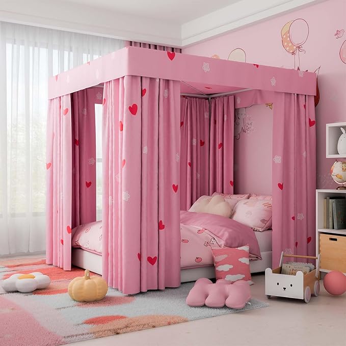 Love Canopy Bed Curtains - 4 Corner Post Bed Curtains Canopy Twin Bed Canopy Curtains for Children Girls Bedroom Decoration(Love, Twin)