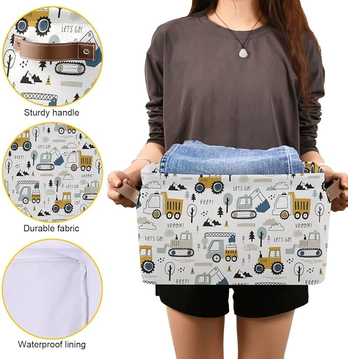 Excavator Truck Toy Storage Basket Fabric Kitchen Baskets Cars Boys Toys Open Home Storage Bins Boxes Foldable Organizer Bag for Baby Cloth Book Shelf Closet Baskets 16×12×8 Inches