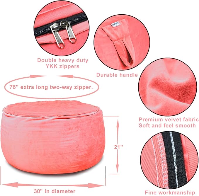 Bean Bag Chair Cover, Stuffed Animal Storage, Plush Toys Organizer Holder, Beanbag Chairs Cover for Kids Teans and Adults Super Soft and Comfortable Fabric X-Large with Handle and Zipper -Round Pink