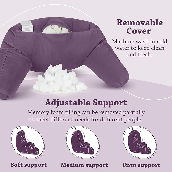 LOVTEX Reading Pillow with Removable Cover, Back Pillow for Sitting Up in Bed with Arms and Pockets, Bed Rest Pillow Adult, 20 x 15 Inches(Lavender)