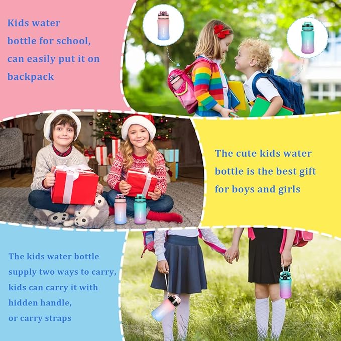 GOPPUS Kids Water Bottle with Straw Spout Lid 10pcs Stickers 12 oz Leak-proof BPA Free Motivational Time Marker Tritan Plastic Water Bottles for Girls Boys School Sports
