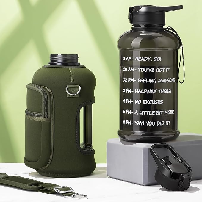 Fimibuke Half Gallon Water Bottle with Sleeve 64 OZ Water Bottle with Handle & Straw Leakproof Motivational Sports Gym Water Bottle with Time Marker BPA Free Water Jug with Reusable Neoprene Holder
