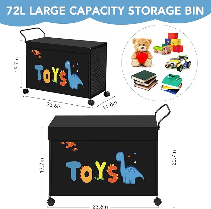 Toy Box Toy Storage - 72L Kids Toy Organizer with Wheels Toy Chest Bins with Lids, Toy Boxes for Girls Boys,Toddlers, Stuffed Animals, Living Room （Black）