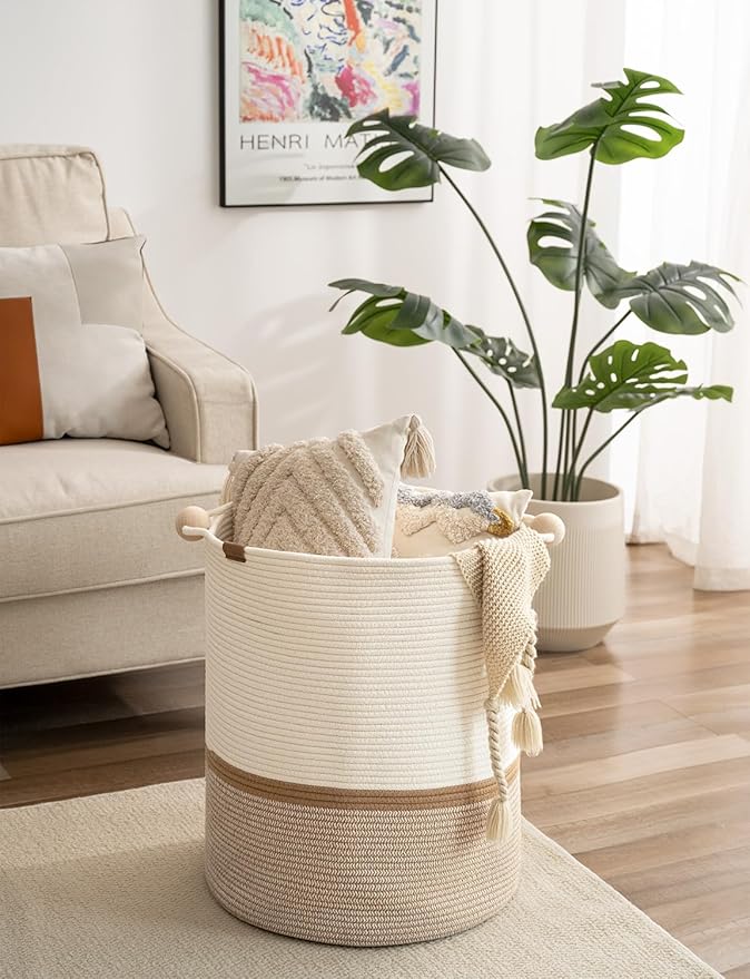 StorageWorks 72L Cotton Rope Laundry Basket with Wooden Beads Handles, Woven Basket for Storage, Dirty Clothes, Kids Toys, Towels, White & Khaki