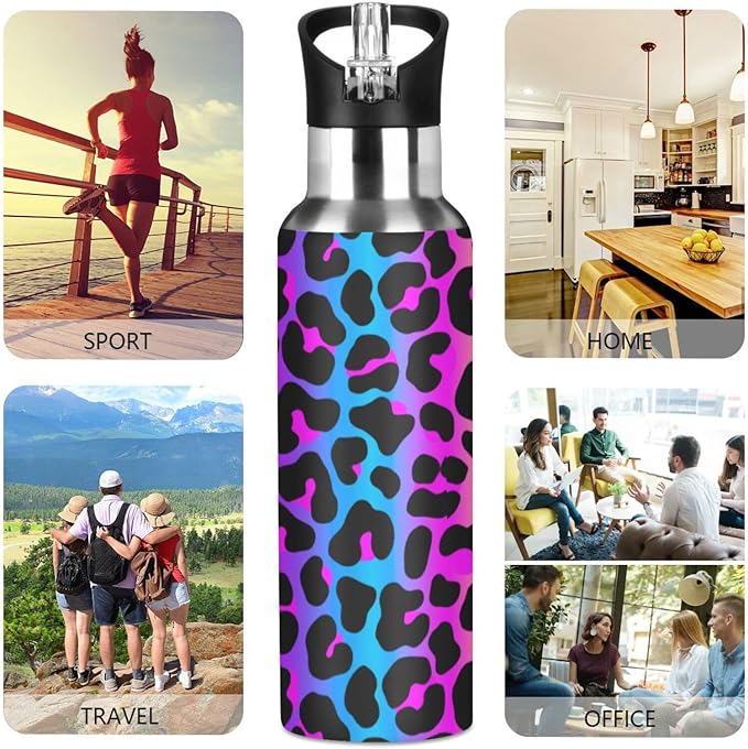 senya 34 Oz Water Bottle with Straw Leopard Print Cheetah Neon Gradient Stainless Steel Water Bottle for Traveling Sports Leakproof Insulated Water Bottle