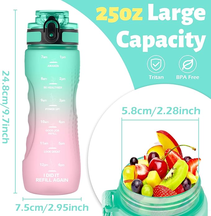 OLDLEY 25 oz Water Bottle, Motivational Water Bottle with Time Marker, Sports Water Bottle With Strap, Leakproof & BPA Free Large Water Bottles for School, Gym, Travel, Outdoor, Tritan,Green&Pink