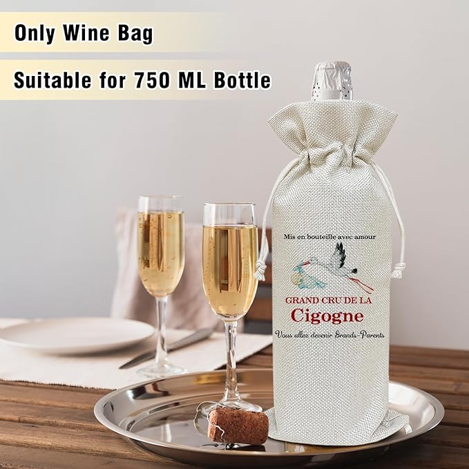Wine Canvas Bag, Grandparent Announcement Gifts Wine Gift Bag, New Grandma Gift First Time Wine Bags for Wine Bottles, Wine Champagne Gifts With Drawstring Baby Announcement Party Decoration -WB03