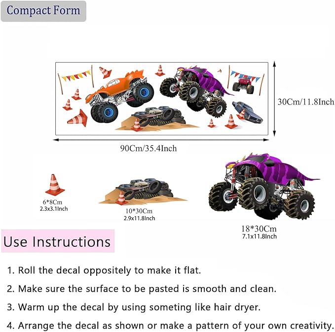 Racing Car Wall Stickers Monster Truck Vehicles Peel and Stick Wall Art Decals for Boys Room Kids Bedroom Playroom (Style1)