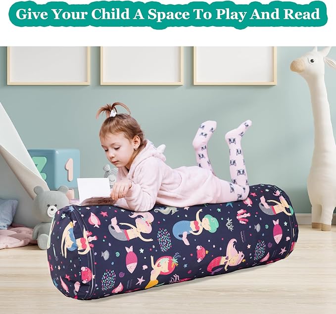 Stuffed Animal Bean Bag Storage Chair for Kids Cover Only (No Filler), Organize, Sit, Play & Boxing, 100% Cotton Canvas Washable, Ultra Soft Cylinder Long Vertical Zipper Best Gift for Child