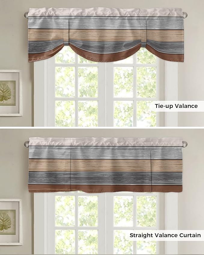 Farmhouse Fall Blackout Tie Up Valance Curtains for Kitchen Windows, Brown Grey Window Toppers Balloon Shades for Living Room/Bathroom/Bedroom,1 Panel,60" X 18" Retro Rustic Barn Wood Texture