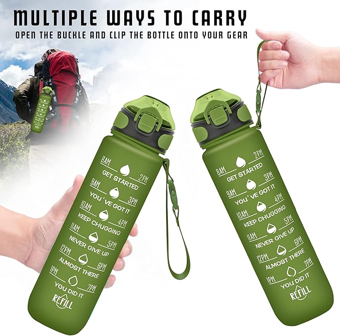 Enerbone 32 oz Drinking Water Bottle with Times to Drink and Straw, Motivational with Carrying Strap, Leakproof BPA & Toxic Free, Ensure You Drink Enough Water for Fitness Gym Outdoor