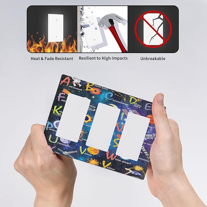 ABC Outer Space 3 Gang Rocker Light Switch Plate Alphabet Galaxy Educational Triple Decora Outlet Wall Plate Cover Faceplate Decorative Switchcovers GFCI for Kidroom Nursery Living Room Boyroom Decor