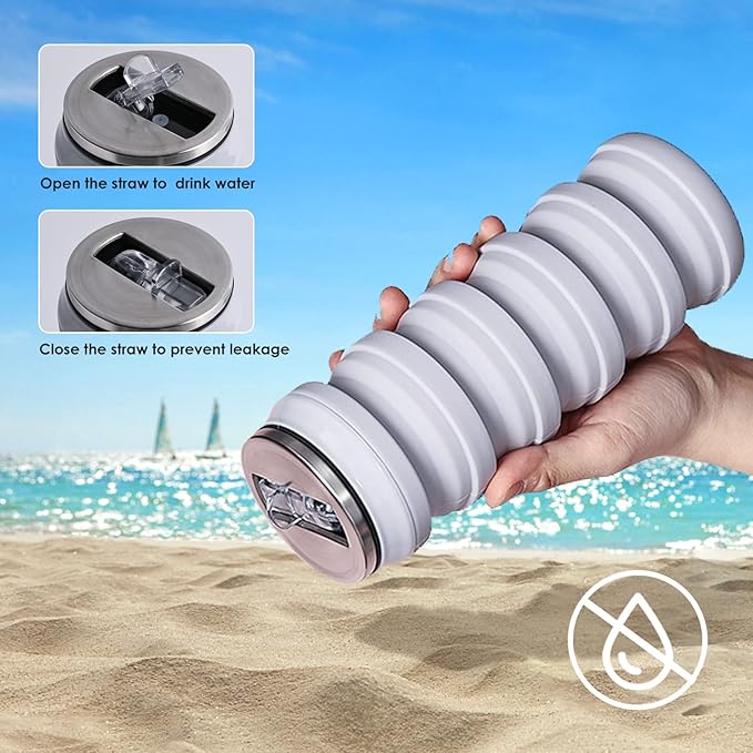 BeHeSo Collapsible Water Bottles with Silicone Brush - Straw Silicone Foldable Water Bottle Reusable Camping Cup Leak Proof Portable Travel Sport Water Bottle-500ml/17oz (Grey)