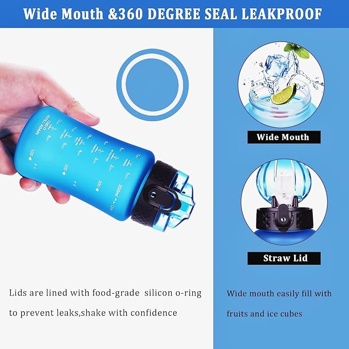 GOPPUS Kids Water Bottle with Straw Spout Lid 10pcs Stickers 12 oz Leak-proof BPA Free Motivational Time Marker Tritan Plastic Water Bottles for Girls Boys School Sports