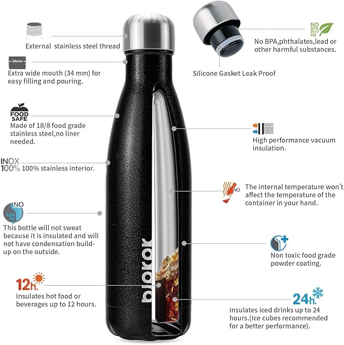 BJPKPK Insulated Water Bottles 17oz, Leak Proof Stainless Steel Water Bottle keeps Cold for 24H and Hot for 12H, BPA Free Water Bottle-Black