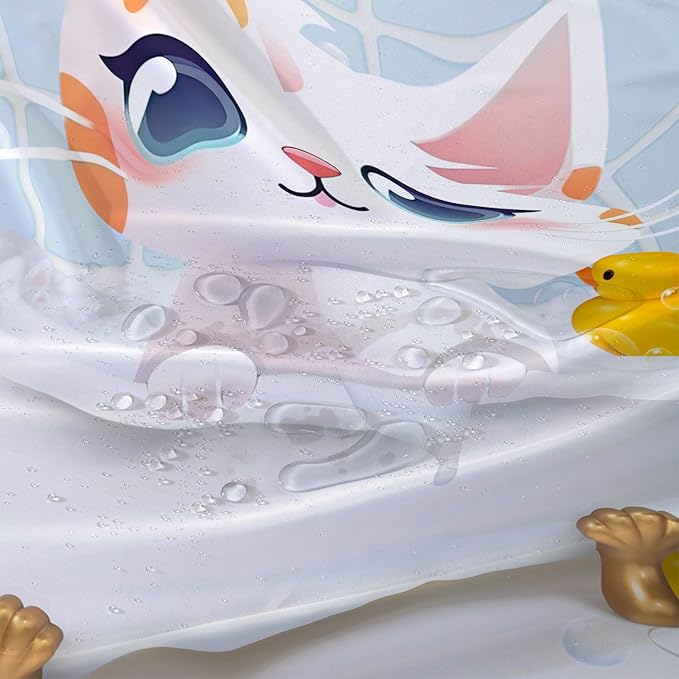 AILONEN Cartoon Bathtub Cat Shower Curtain for Kids 60" W*72" H Kawaii Shower Kitten and Duck Shower Curtain,Polyester Waterproof Fabric Decor for Bathroom Bathtub Panels