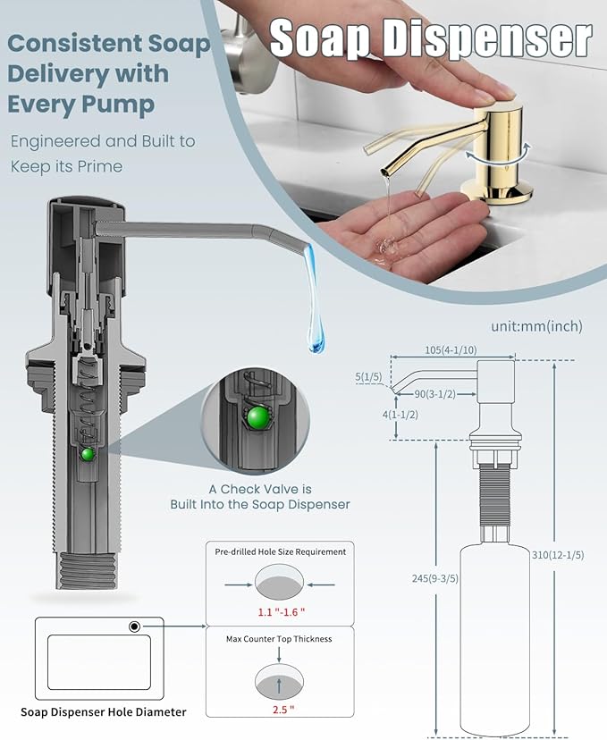 Gold Kitchen Faucet, Kitchen Faucet with Soap Dispenser, Pull Down Kitchen Faucet with Sprayer, Single Handle Kitchen Sink Faucet with Dual Function Spray Head, Camper Laundry RV Faucet,PVD