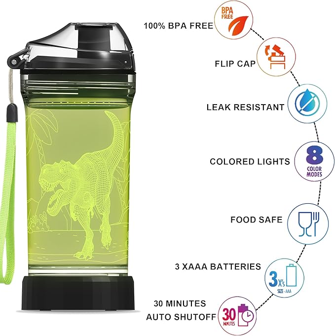 Kids Water Bottle with 3D Light-Up LED Lights - BPA Free - Perfect for Back-to-School Season, Girls, Boys, Kids, Holiday Camping, Picnic Gifts - 14 oz Travel Mug... (color 2)