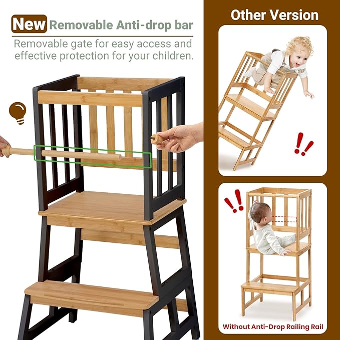 COSYLAND Kids Kitchen Step Stool, Toddler Standing Tower with CPC & FSC Certification, Removable Anti-Drop Railing Safety Rail Enjoys Unique Patented Design A Anti-tip Stable Structure Natural & Black