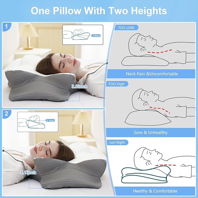 Memory Foam Pillows, Ergonomic Pillow for Neck Pain Relief, Bed Pillow for Sleeping, Cervical Neck Pillow for Side, Back, Stomach Sleeper with Cool Pillowcase, Side Sleeper Pillows for Adults