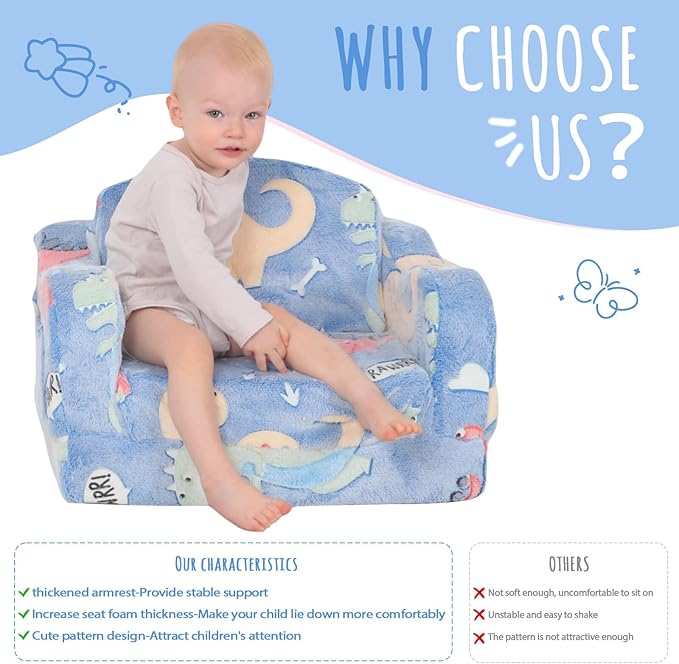 Thick Comfy Toddler Chair and Couch for Kids，2-in-1 Soft Plush Fold Out Sofa for Children，Convertible Couch to Lounger for Toddler