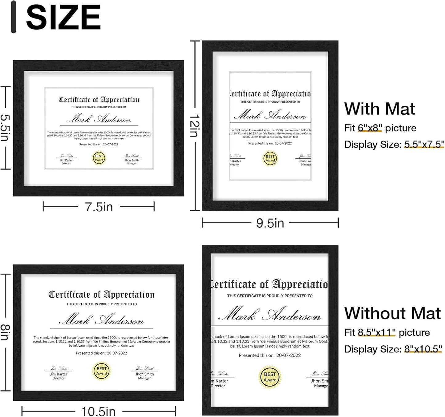 Vittanly 8.5x11 Picture Frames Set of 9, Shatter Resistant Plexiglass, Display 6x8 Pictures with Mat or 8.5x11 without Mat, Photo Frames for Wall or Tabletop, Engineered Wood, Black