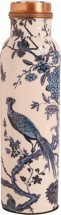 Pure Copper Water Bottle - Handcrafted - Ayurveda health benefits - Large 35 oz - Leak proof, Easy to carry for Sports, Fitness, Yoga, School - White Base Indigo Blue Floral Peacock Enamel