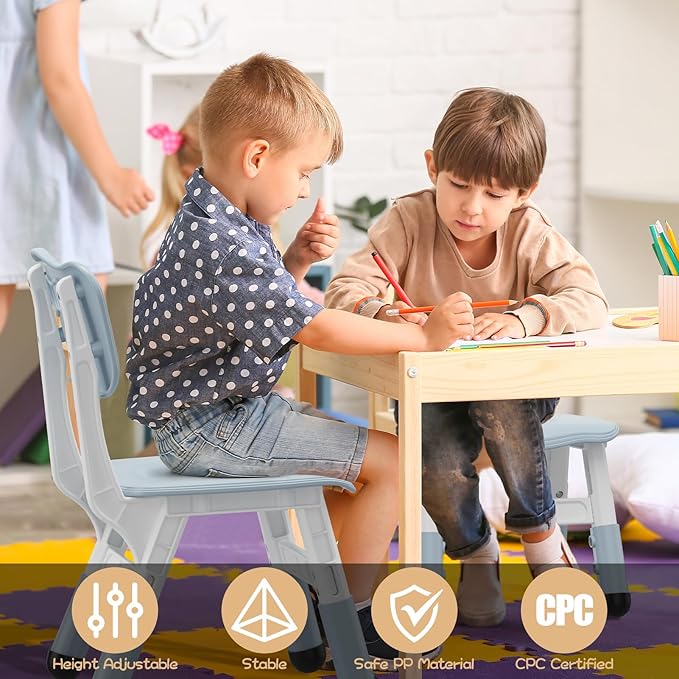 Adjustable Kids Chair (2pcs), 3 Level Height Adjustable Toddler Chair, Plastic Indoor Outdoor Child Chair for Children Age 2-8 Family School Home Daycare Use, Grayish Blue