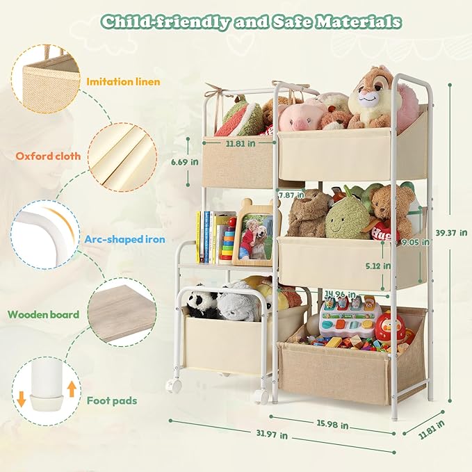 Toy Storage Organizer, Montessori Toy Shelf for Kids, Toy Organizer with 5 Toy Bins, Toy Chest for Girls and Boys, Toy Storage Basket, Large Toy Box for Living Room Playroom Nursery Kids Room