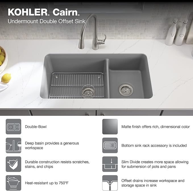 KOHLER K-8204-CM1 Cairn Sink, 33" Neoroc Composite Undermount Double-Bowl Kitchen Sink, Composite Kitchen Sink with Sink Rack, Matte Black