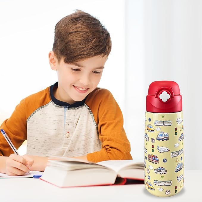 Kids Insulated Water Bottle with Covered Pop-Up Straw,16oz Kids Cups with Stainless Steel Leak Proof for School Boys Girls（Vehicle）