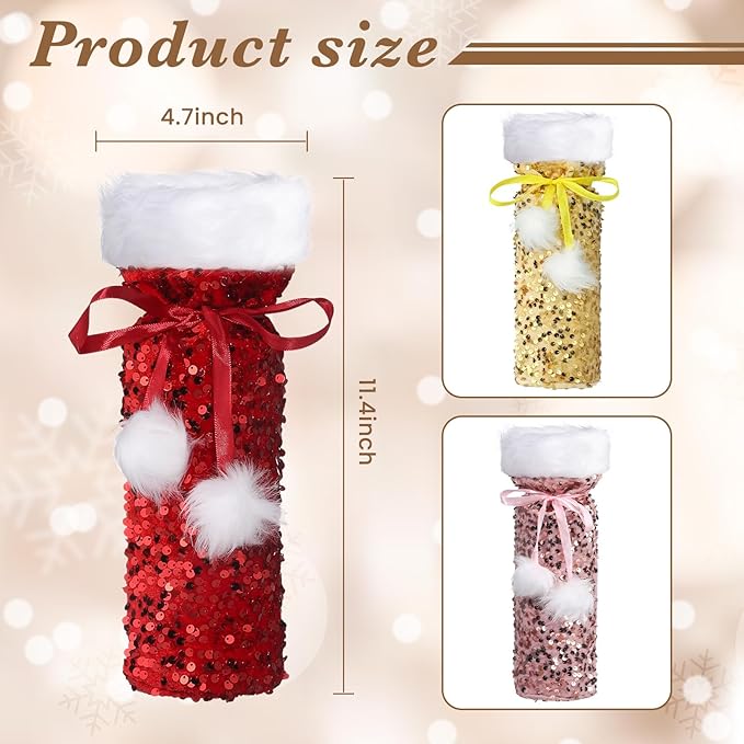 VIDELLY 3 Pack Christmas Wine Bottle Covers, Glitter Wine Bear Bottle Bag for Christmas Birthday Wedding Party Bottle Decoration