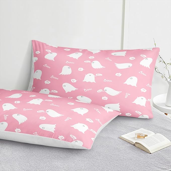 Bedbay Halloween Queen Comforter Pink Cartoon Ghost Comforter Sets for Kids Girls 4 Pcs Soft Microfiber Halloween Bedding Set Cute Halloween Room Decoration(Pink,Queen)