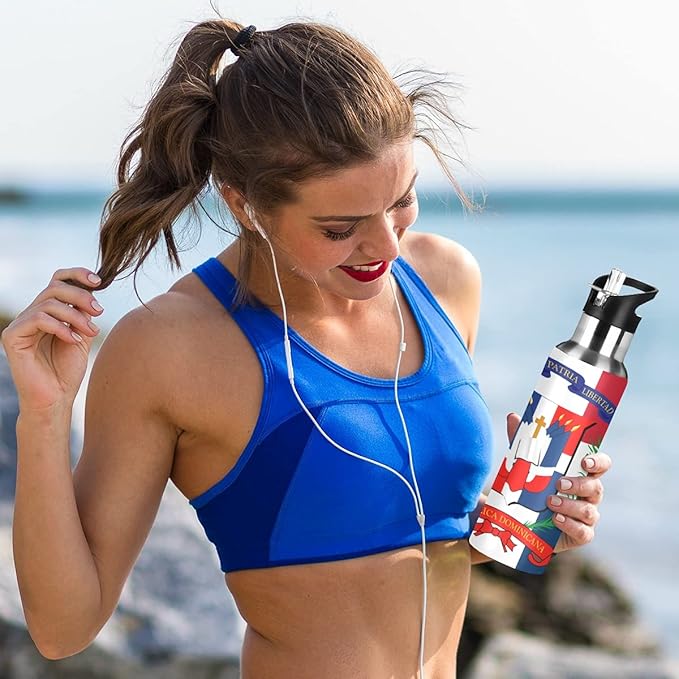 Dominican Republic Flag Sports Water Bottle, Double Wall Vacuum Insulated Stainless Steel Water Bottle with Straw Keeps Hot and Cold, Bike Running Sports Travel Gym 20oz