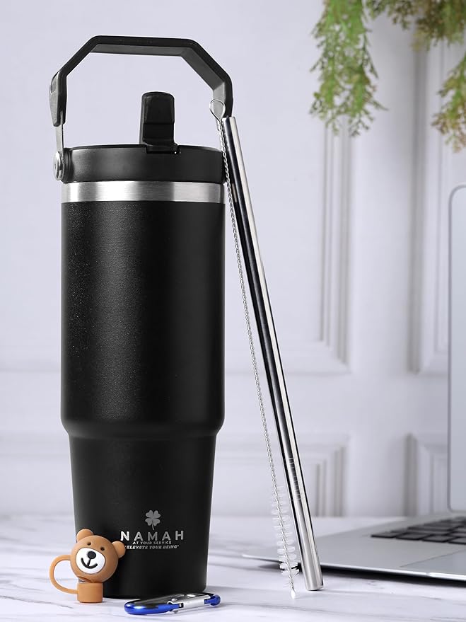 Tumbler with Handle & Extra Cloud LID – 30oz/900ml, Premium 304 Stainless Steel, Insulated Water Bottle, Leak-Proof, Steel Straw, Teddy Straw Cap, Cleaning Brush & Carabiner Hook (Charcoal Black)