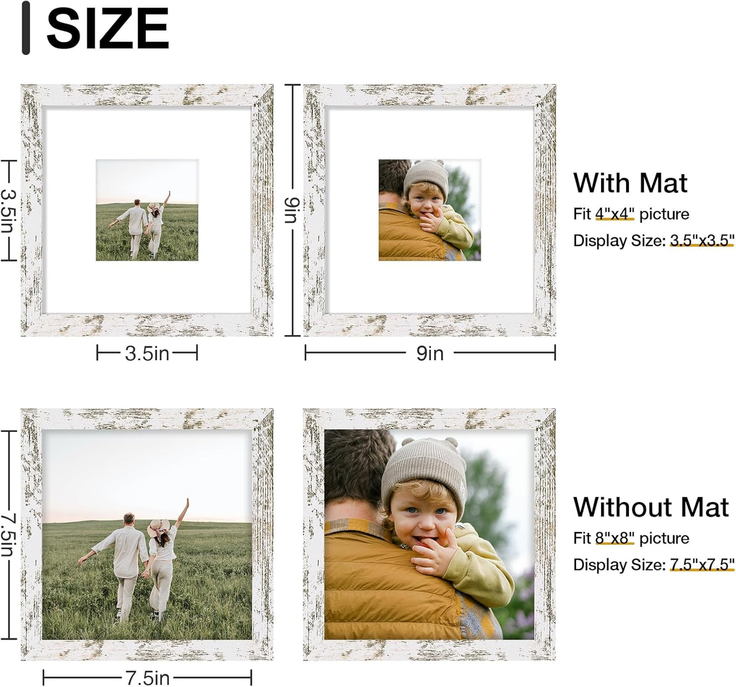 Vittanly 8x8 Picture Frames Set of 9, Shatter Resistant Plexiglass, Display 4x4 Pictures with Mat or 8x8 without Mat, Photo Frames for Wall Mount, Engineered Wood, Distressed White
