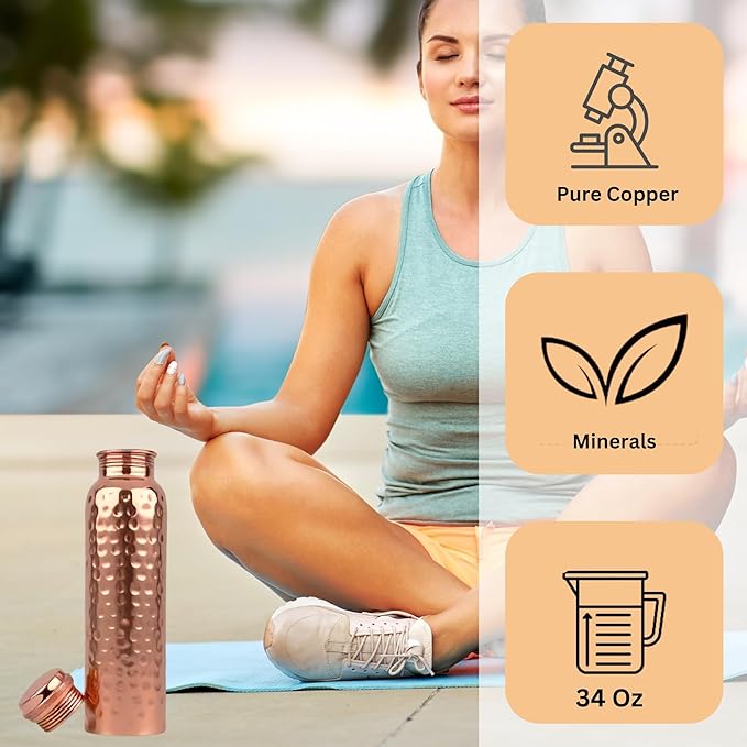 Copper Water Bottle Hammered Ayurvedic Pure Copper Drinking Vessel Drink Water Reduce Sugar, and Reap the Health Benefits Instantly 34 Oz Extra Large