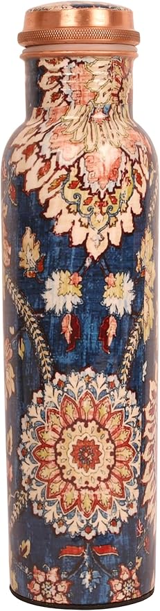 Pure Copper Water Bottle - Handcrafted - Ayurveda health benefits - Large 35 oz - Leak proof - Easy to carry for Sports, Fitness, Yoga, School - Indigo Blue Base Floral Patterns Enamel