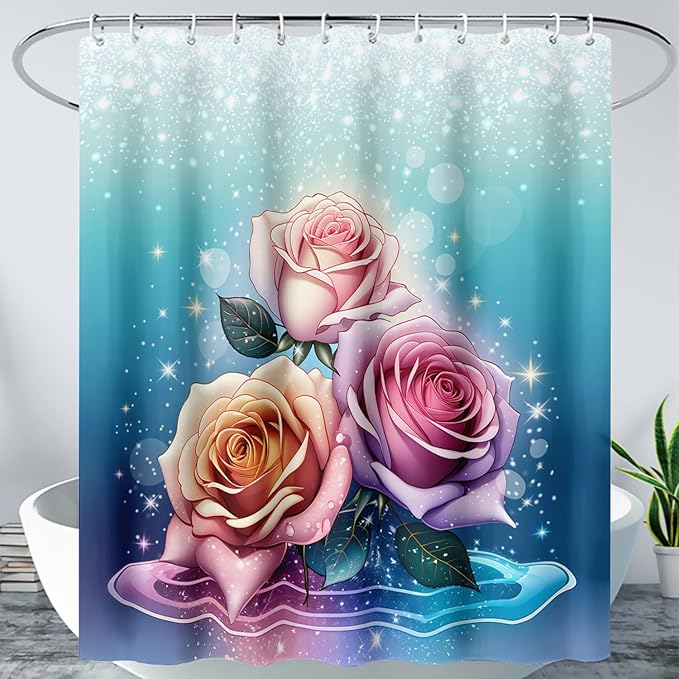 AILONEN Rose Shower Curtain for Bathroom Decor,Galaxy Pink Rose Bath Curtain Gifts for Girls Women,Modern Minimalism Curtain,Polyester Waterproof with 12 Plastic Hooks, 60" W*72" H