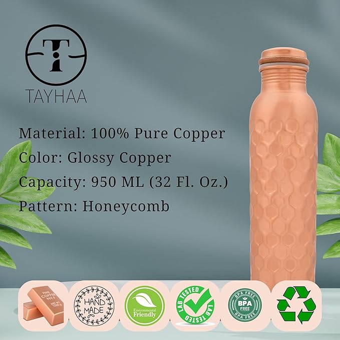 Pure Copper Metal Water Bottle - Indian Hand-Crafted Ayurveda Healing Benefit Water Bottle for Drinking, Travel, Hiking, Gym, Office, Outdoor - Normal Finish - 950 ML
