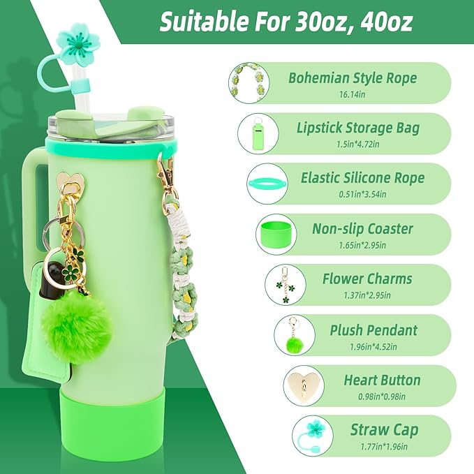 Stanley Cup Accessories Set Including 1 Pcs Water Bottle Handle Strap, 1 Pcs Siliocne Straw Cover, 1 Pcs Siliocne Stanley Cup Boot, 3 Pcs Stanley Charms for Stanley Cup 40oz & 30oz Tumbler - Green