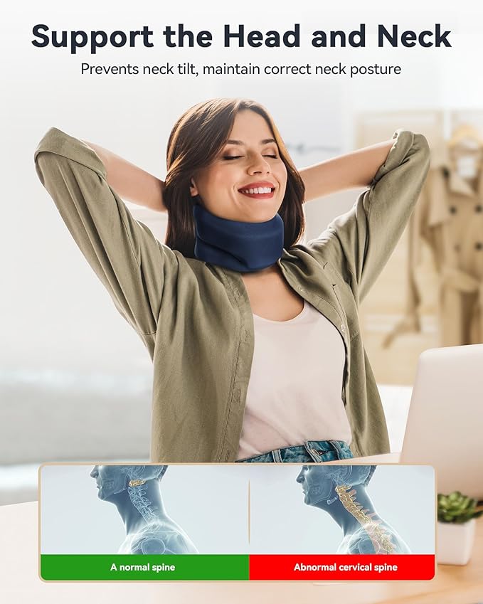 Neck Brace Cervical Collar - Neck Support Brace for Sleeping, Soft Foam Wraps Keep Vertebrae Stable and Aligned for Relief of Cervical Spine Pressure for Women & Men, (10.6-12.6 Inch) Blue