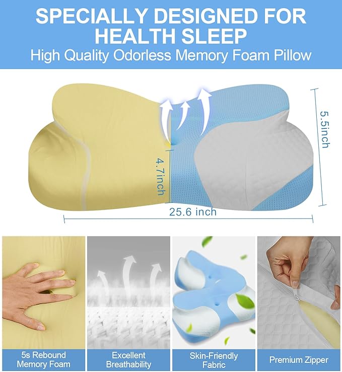 Bed Sleep Contour Memory Foam Pillow, Cervical Pillow for Neck and Shoulder, Ergonomic Neck Support Pillow for Side Back Stomach Sleepers with Pillowcase (Blue)