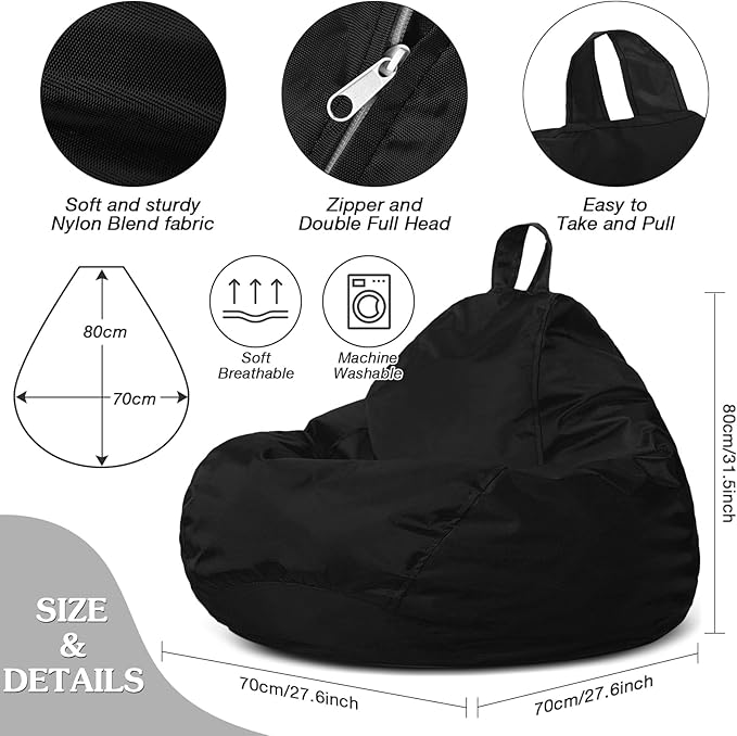 Meonum Bean Bag Chair Cover(No Filler) for Kids Stuffed Storage Bean Bag Chair Cover with Inner Liners for Easy Cleaning Bean Bag for Organizing Children (Black,27.6 x 31.5 Inch)