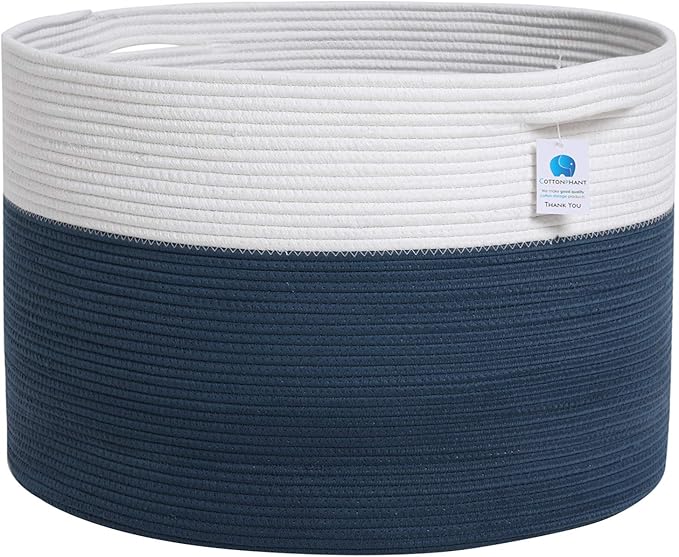 22" x 22" x 16" Mega Size Extra Large Storage Basket, Cotton Rope Storage Baskets, Woven Laundry Hamper, Cloth Storage Bin, for Clothes Towel Blanket Basket in Living Room, Dark Blue