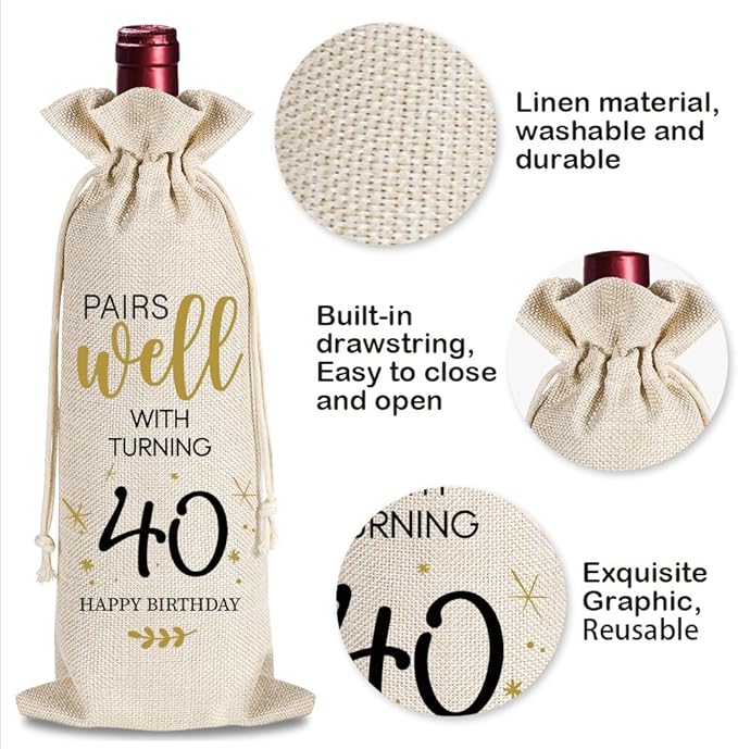 YAANUNULU 40th Birthday Gifts for Women Men, 40 Years Old Birthday Wine Bag Gifts, 40th Birthday Decorations, 1984 Birthday Gift, Happy 40th Birthday Party Wine Bag Gifts, Pairs Well With Turning 40