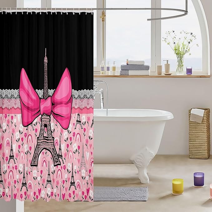 Feelyou Eiffel Tower Shower Curtain 72"x78" Kids Romantic Paris Bowknot Bathroom Shower Curtain Set for Boys Girls Teens Black Pink Bath Curtain Modern French Bathroom Accessories